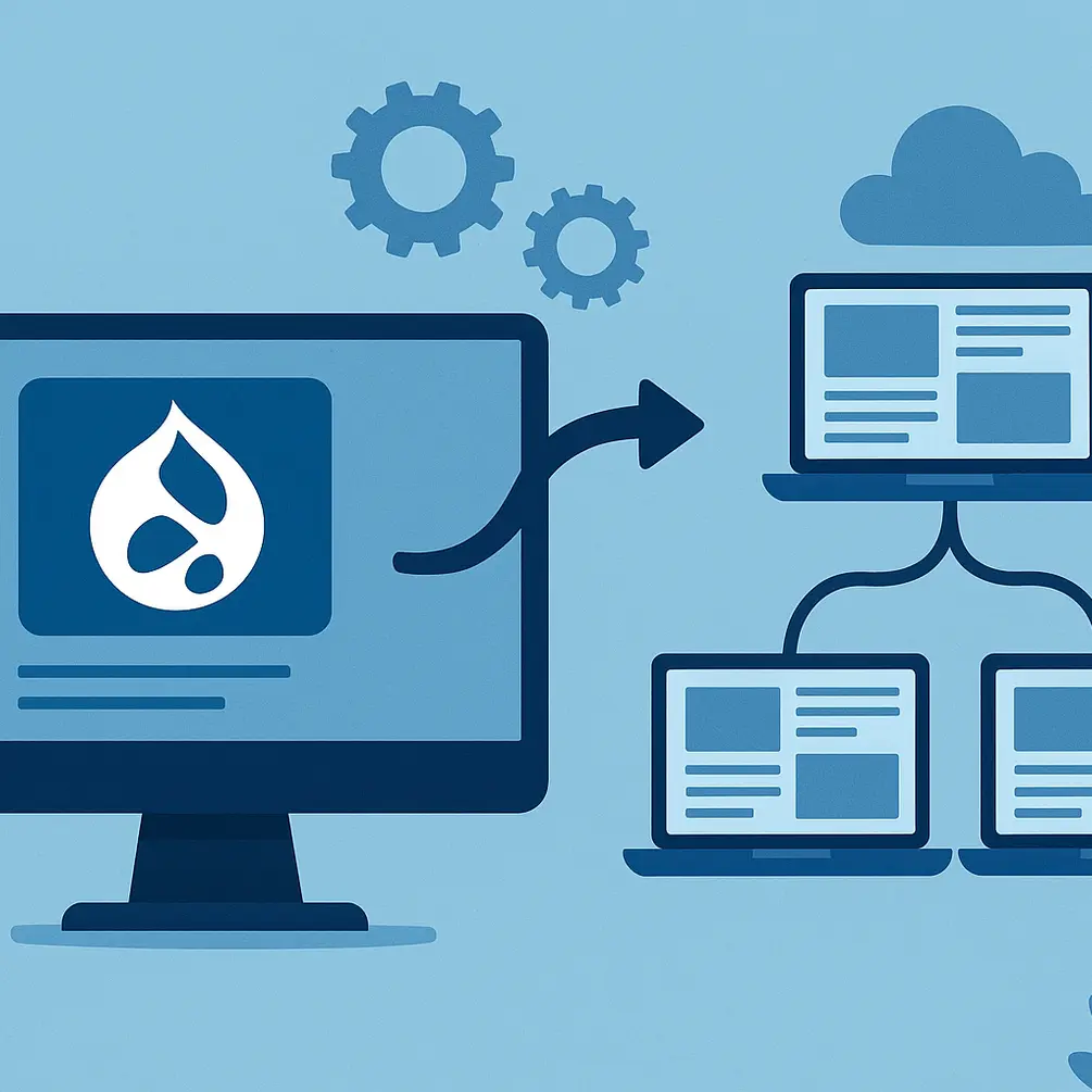 Flat illustration showing Drupal multisite setup with one computer distributing content to three connected laptops.
