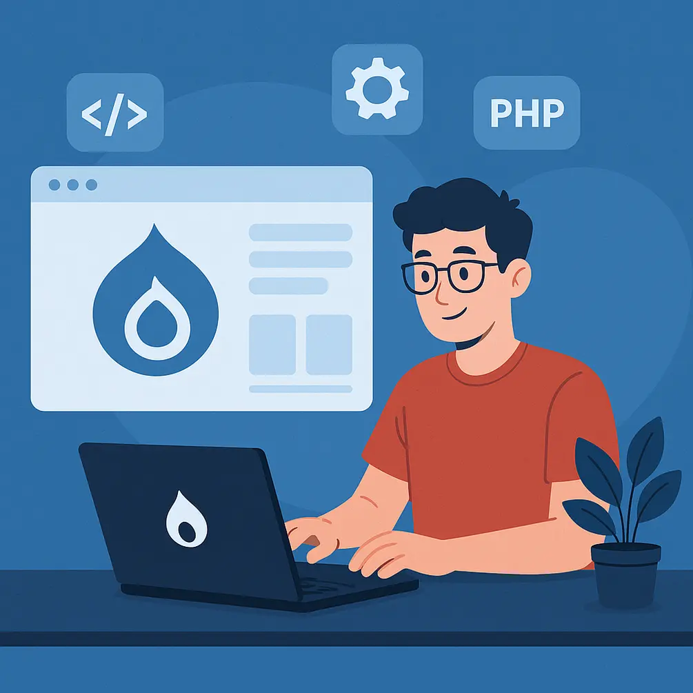 Illustration of a Drupal developer working on a laptop with the Drupal logo, surrounded by web development icons and a plant on the desk.