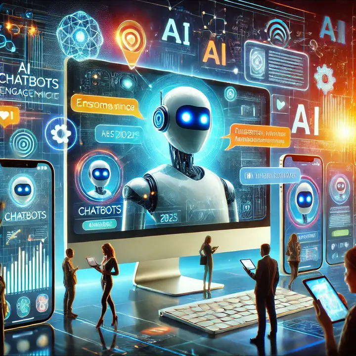 A futuristic depiction of AI chatbots enhancing customer engagement in 2025