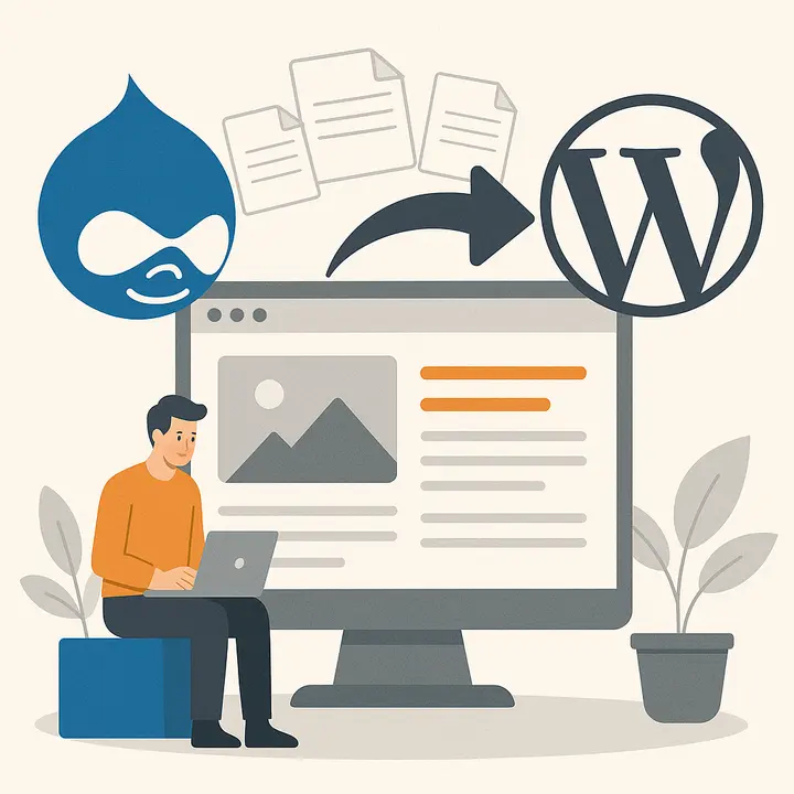 Cover image to blog post about reasons to migrate from Drupal to WordPress