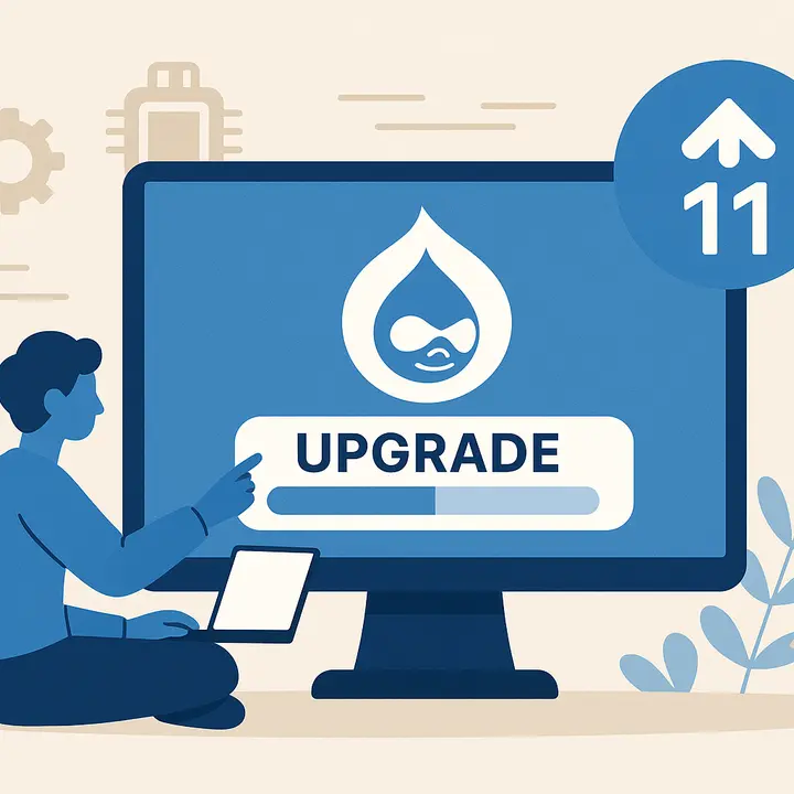 A flat-style digital illustration shows a person sitting on the floor with a tablet, interacting with a large computer monitor displaying the Drupal logo