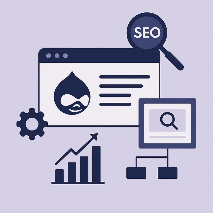Vector illustration of Drupal logo with SEO, chart, gear, and search icons on lavender background.