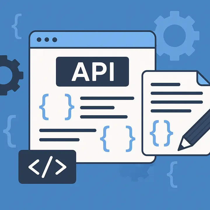 Flat illustration of API documentation with code, gears, and documents on a blue background.