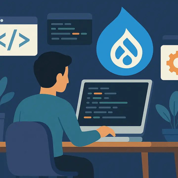 Flat illustration of a developer coding at a desk with the Drupal logo and interface icons in the background.