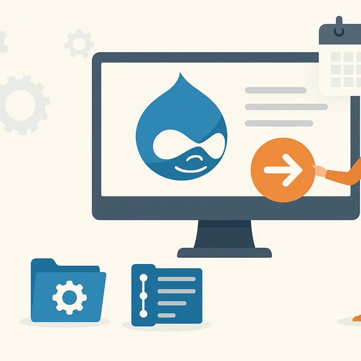 Flat illustration of Drupal 8 update steps with a computer, user, calendar, and gear icons.