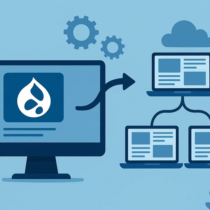 Flat illustration showing Drupal multisite setup with one computer distributing content to three connected laptops.