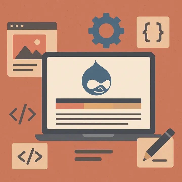 Flat illustration of a laptop with the Drupal logo, coding icons, and design tools on a terracotta background.