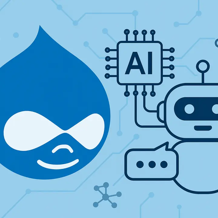 Illustration of the Drupal logo alongside AI-themed elements, including a microchip labeled “AI,” a chatbot icon with a speech bubble, and abstract circuit and molecule patterns on a light blue background.