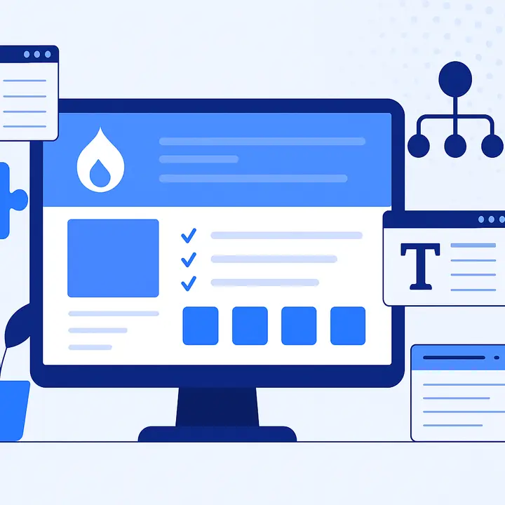 Flat illustration of a computer monitor displaying a Drupal intranet interface, surrounded by icons for modules, content tools, and organizational charts, with a puzzle piece and potted plant beside the screen.