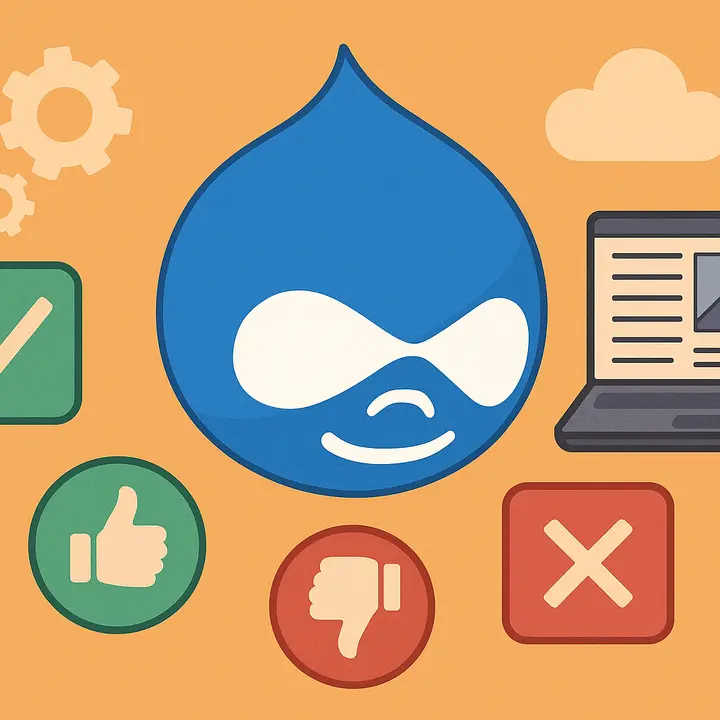 Flat digital illustration showing the Drupal logo in the center with pros and cons symbols around it.