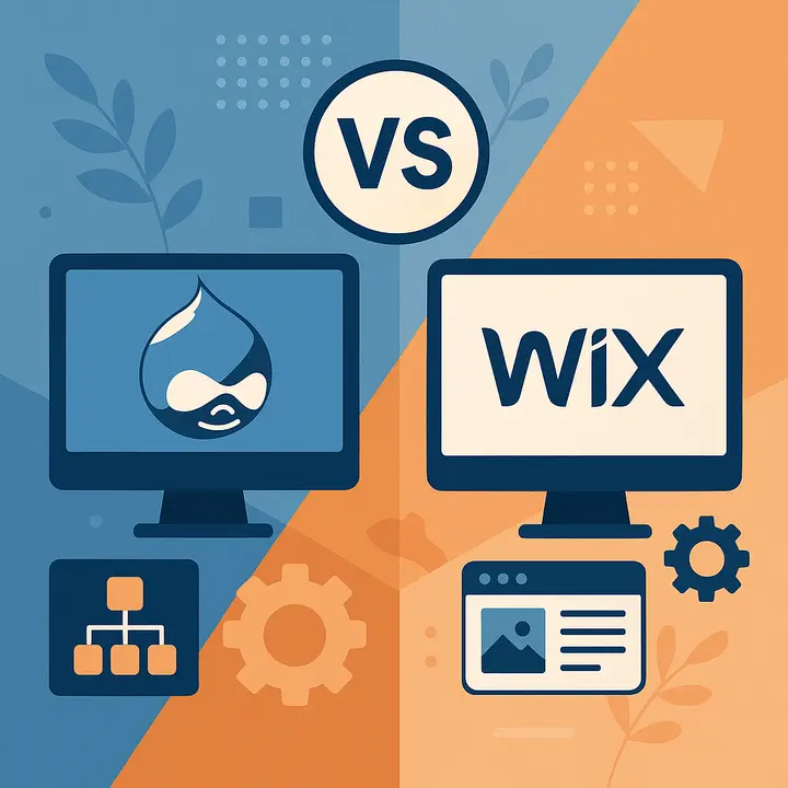 Modern flat illustration comparing Drupal and Wix CMS platforms on computer screens, with blue and orange backgrounds, gears, and website icons.