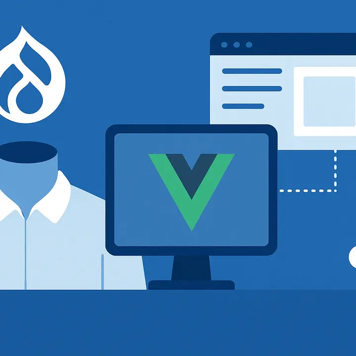 Flat-style digital illustration showing a headless figure with the Drupal logo above it.